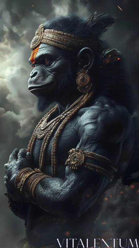 Mythic simian warrior rendered in baroque digital chiaroscuro.