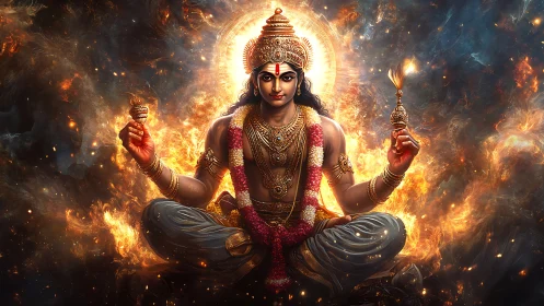 Deity figure in seated pose amid luminous fiery halo.