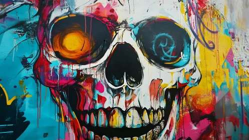 Neon skull graffiti mural with bold dripping color palette.
