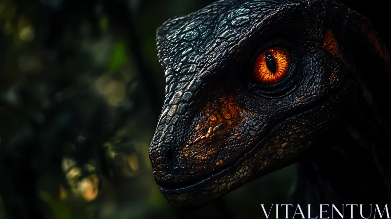 Velociraptor gaze ignites the jungle gloom with molten focus