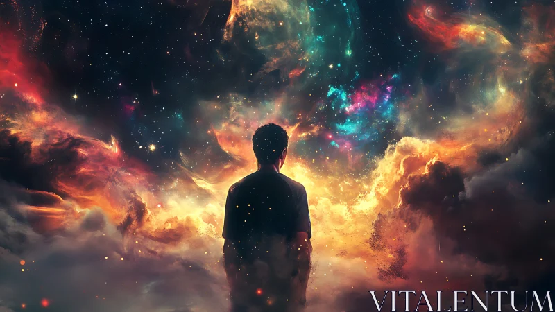 Silhouetted observer confronting luminous cosmic nebula gateway.