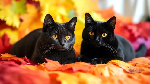 Melanistic Felines with Aureate Irides Positioned Amid Chromatic Foliage.