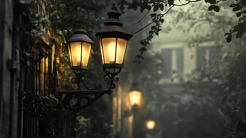 Gaslit street lanterns illuminate a misty European alleyway