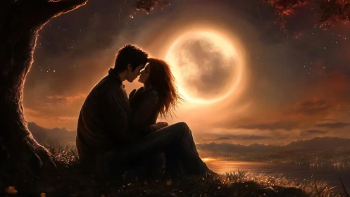 Silhouetted couple beneath large moon with landscape.