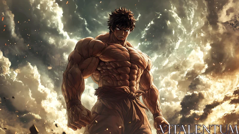 Muscular anime warrior in stormlit clouds with dramatic lighting
