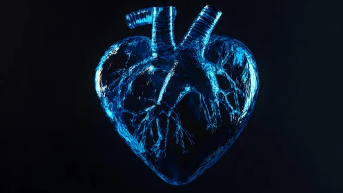 Futuristic Transparent Human Heart Render in Blue Light, Digital Art.