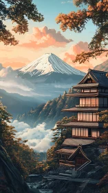 Terraced Japanese ryokan before snowcapped peak at sunrise