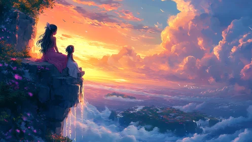 Cliffside sisters observe volumetric sunset clouds over distant isles
