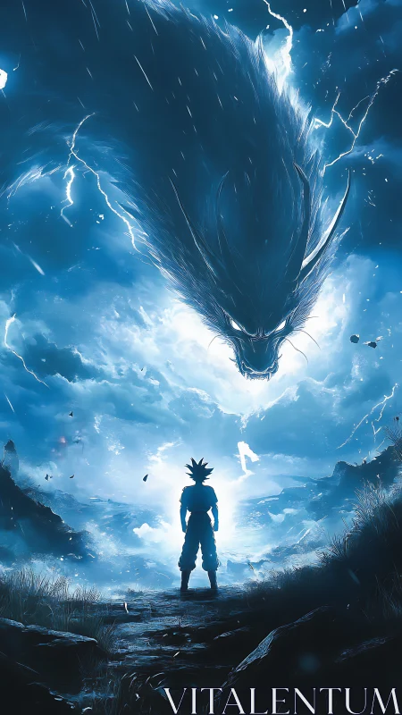 Silhouetted boy faces glowing dragon spirit in stormy sky