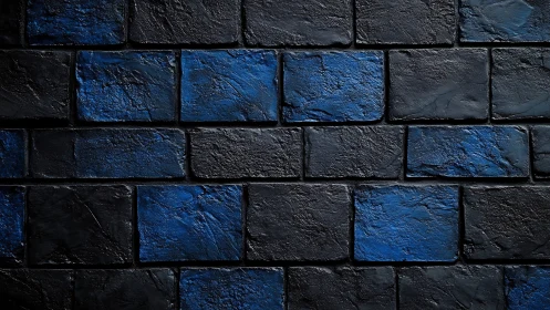 Dark blue brick wall shows textured masonry pattern