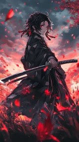Sword-wielding anime warrior stands in red-lit sunset field