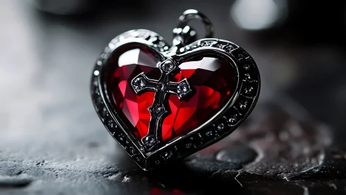 Ornate Heart-Shaped Gemstone Pendant with Gothic Cross Embellishment and Red Faceted Crystal