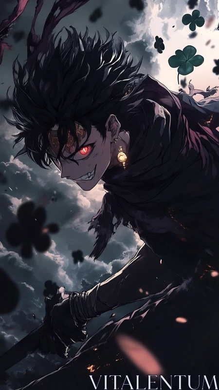 Clover-storm rogue with burning eyes under omen-soaked skies.