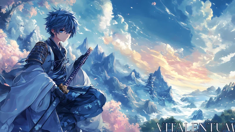Blue-haired katana sentinel over luminous sakura mountains.