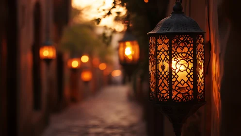 Golden lantern glow guiding a quiet, sunlit alleyway.