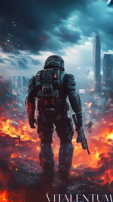 Armored soldier strides through blazing futuristic warzone