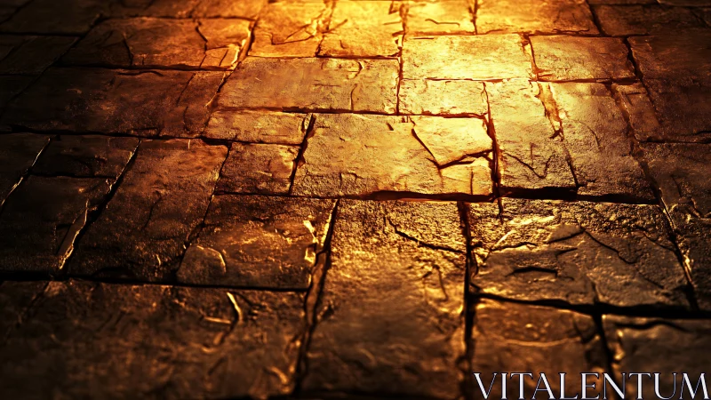 Golden light glows across cracked stone pavement.