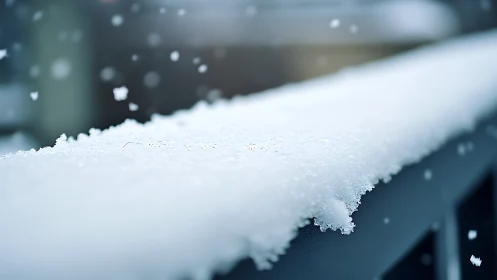 Snow accumulation on railing with shallow depth of field.
