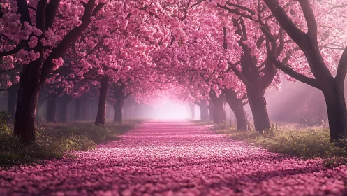 Photorealistic cherry blossom avenue with vanishing-point path.