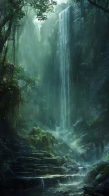 Vertical rainforest canyon waterfall under diffuse monsoon light