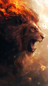 Flaming lion roar amid swirling embers and smoke storm.