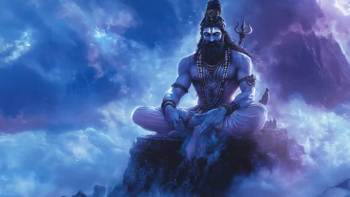 Meditating blue deity on misty mountain above clouds.