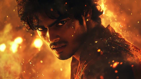Intense male portrait in fiery bokeh field with ember particles