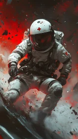 Combat medic astronaut charging through explosive debris.