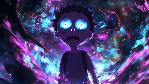 Shocked cartoon boy stands in glowing cosmic void.
