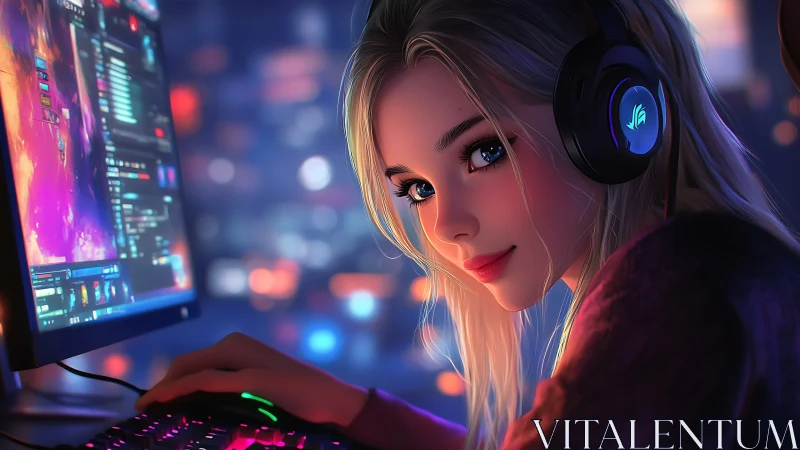 Blonde gamer with headset focuses on RGB lit desktop setup