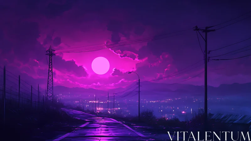 Neon dusk highway under a magenta electric moon.