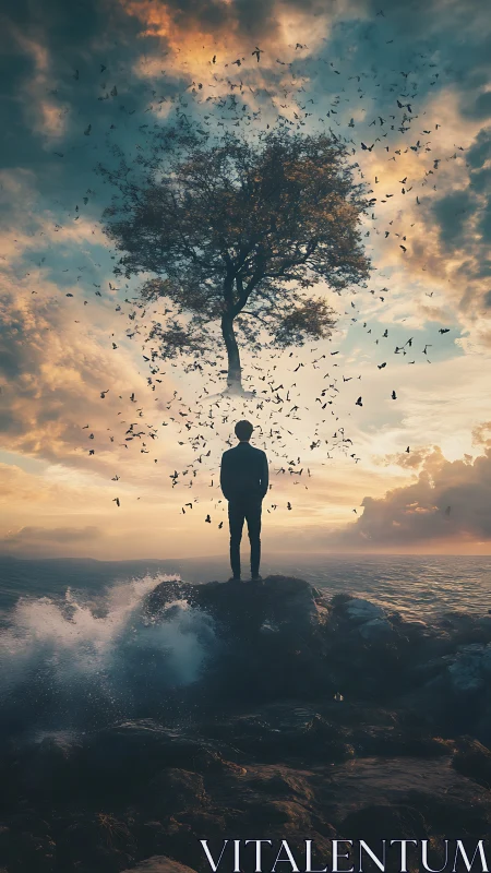 Solitary figure contemplates levitating tree and swirling birds.