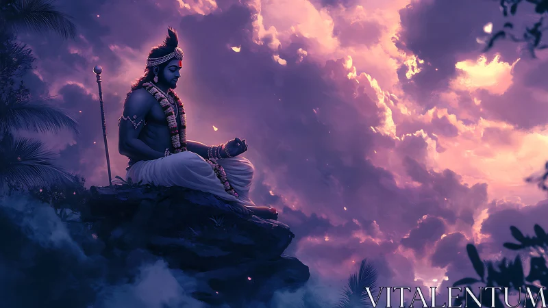 Meditating deity rests above violet storm-lit clouds