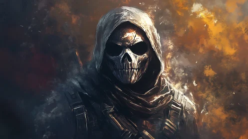 Hooded skull-masked operative rendered in high-contrast digital brushwork