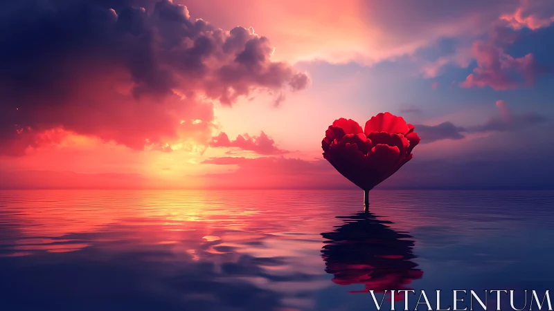 Heart-Shaped Flower Rising From Serene Ocean at Sunset.