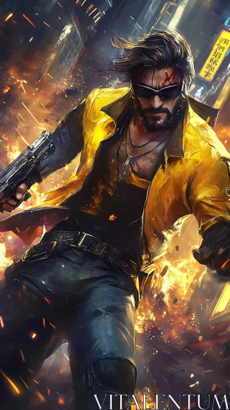 Cyber-noir gunman strides through explosive urban inferno