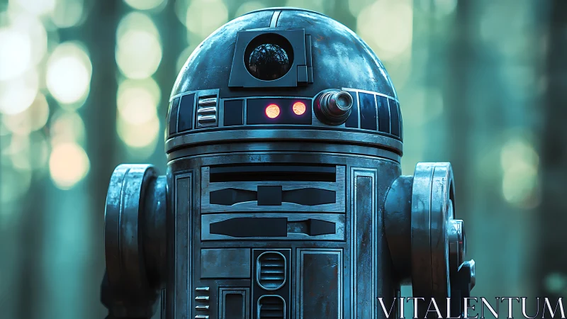 Detailed astromech-style robot standing in soft forest light.