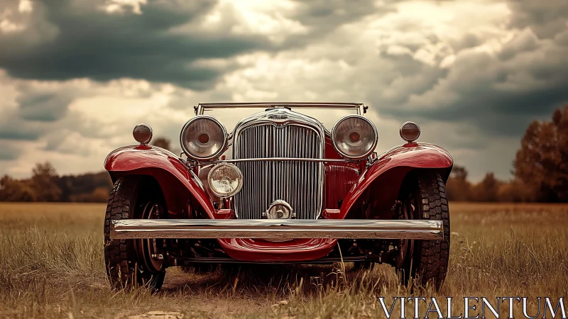 Vintage red roadster parked in a rural open field scene.