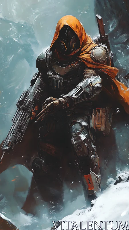 Armored sci fi ranger with rifle in harsh frozen canyon.