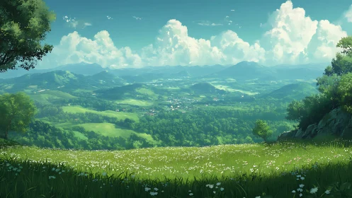 Wide summer valley landscape viewed from grassy hillside.