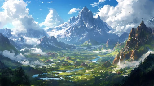 Expansive valley landscape with snowcapped central mountain peak.