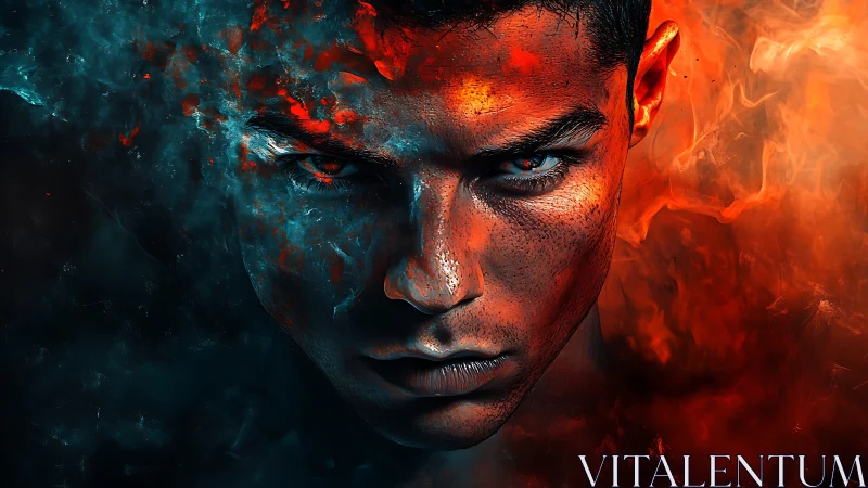 Intense male portrait split by blue smoke and red fire.