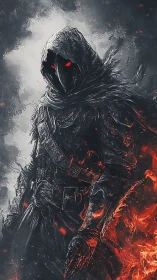 Hooded wraith warrior with ember-lit armor and blazing cloak.