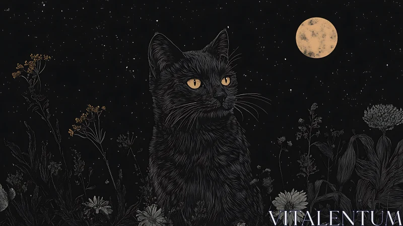 Black Feline Gazes Upon the Golden Moon's Ethereal Dance