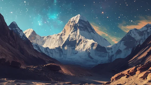 Starlit alpine colossus crowned by aurora-kissed skies.