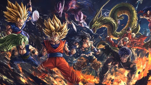 Supercharged warriors ignite a cosmic battlefield storm.