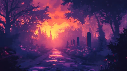 Digital forest pathway with gravestones under saturated sunset