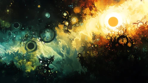 Contrasting circular light forms structure abstract layered field