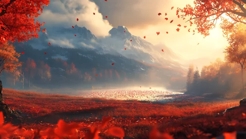 Golden autumn valley embracing misty mountain sunrise.