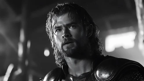 Photorealistic monochrome close-up of armored warrior portrait.